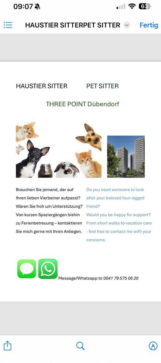 Haustier Sitter - Petsitter - THREE POINT Dübendorf ZH